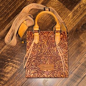 Wrangler Brown Floral Embossed Leather Handbag